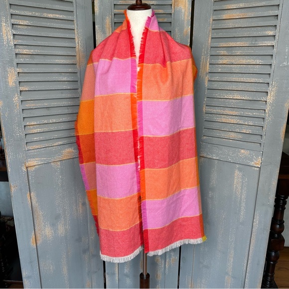 Sol Alpaca Plaid Fringe Edge Scarf Orange Pink - Picture 2 of 11